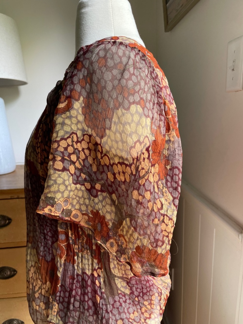 Gibson Multicolor Sheer Peasant Blouse in Rust and Olive - Picture 3 of 8